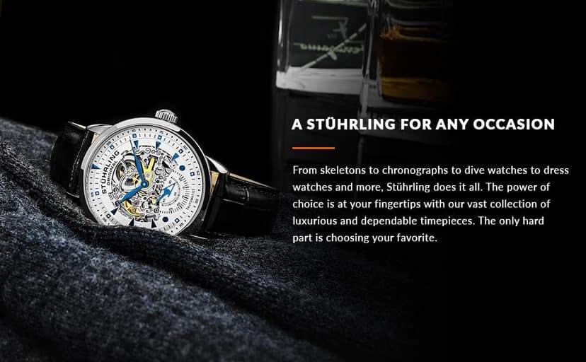 Stuhrling Original Mens Automatic Skeleton Watch - Black Leather Strap, Mechanical Silver Executive Watch