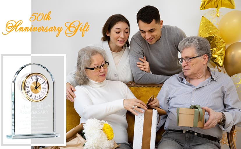 YWHL 50th Wedding Anniversary Quartz Clock Gifts for Parents, 50 Years Golden for Couple, Happy 50th Anniversary Decoration Gift for Her Him (Battery not Included)