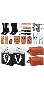 60Pcs Groomsmen Gifts Groomsmen Proposal Box with Shot Glasses Socks Sunglasses PU Leather Toiletry Bag Bottle Opener Can Cooler Groomsman Gifts for Wedding Groomsmen Best Man Gift (60, Brown)