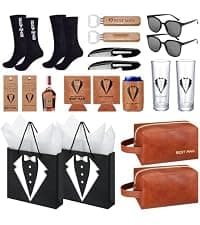 60Pcs Groomsmen Gifts Set of 6, Groomsmen Proposal Box with Flasks Sunglasses PU Leather Toiletry Bag Bottle Opener for Wedding Groomsman Best Man Gift