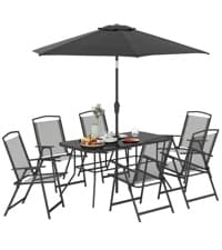 Outsunny 6 Piece Patio Dining Set for 4 with Umbrella, Outdoor Table and Chairs with 4 Folding Dining Chairs & Round Glass Table for Garden, Backyard and Poolside, Black and Coffee