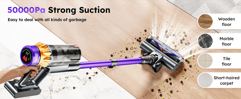 Cordless Vacuum Cleaner, 500W 50KPA 60Mins Vacuum Cleaners for Home, Self-Standing Stick Vacuums with LED Display, Anti-Tangle, Lightweight, Rechargeable Wireless Vacumm for Pet Hair Carpet Floor