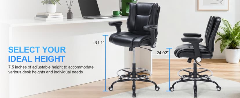 Office Drafting Chair, Tall Desk Chair with Adjustable Armrests and Footrest Ring PU Leather Standing Desk Chair with Extra Thicken Seat Cushion, Comfy High Office Chair for Counter Height Desk, Black