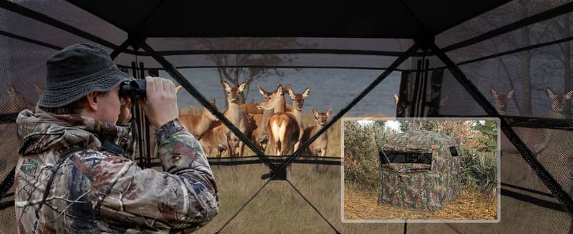 HUNTSEN Hunting Blind 270 Degree See Through Ground Blind - 2-3 & 3-4 Person Pop Up Deer Blind for Hunting with Carrying Bag - 300D Reinforced Portable Durable Blind for Turkey and Deer