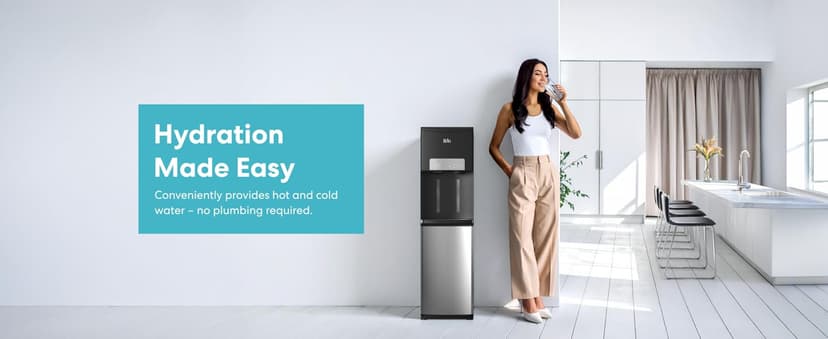 Brio ICE 420 Water Cooler Dispenser for 5 Gallon Bottle with Ice Maker, Bottom Load | UV Self Cleaning Technology, Night Light, Child Safety Lock & 2X Fast Dispense | NSF Certified - Black & Stainless