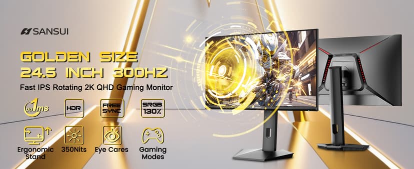 SANSUI 24.5 Inch Gaming Monitor QHD 1440P 300Hz 240Hz, 1ms Fast IPS Computer Monitor, 2× HDMI 2.1 Up to 300Hz, 2× DP 1.4 Up to 300Hz, 130% sRGB Eye Care VESA Support (DP Cable Included ES-G25F6Q Pro)
