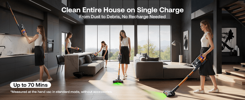 Cordless Vacuum Cleaner for Home, Upgraded 60Kpa Powerful Suction Pet Hair Vacuum with 70min Runtime, Green LED Light for Hardwood Floors & Carpet, Self-Standing Rechargeable Stick Vacuum, Golden