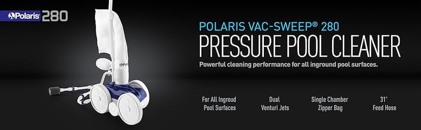 Polaris Vac-Sweep 280 Pressure-Side In-ground Pool Cleaner, Double Venturi Jet Powered, 31ft of Hose with an All Purpose Debris Bag