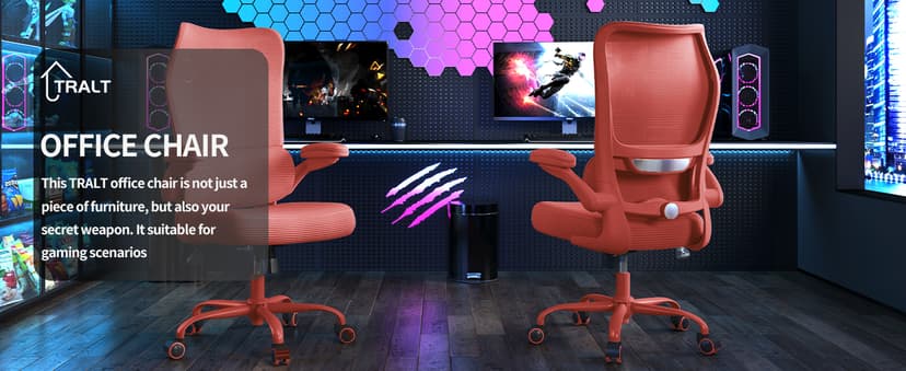 TRALT Ergonomic Office Chair - Desk Chair with Wave High Back Adjustable Lumbar Support Computer Chair - Gaming Chairs Mesh Backrest and PU Leather Seat (RED)