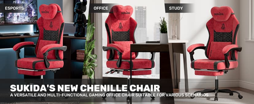SUKIDA Fabric Video Gaming Chair, Ergonomic High-Back Computer Game Chairs with Large Massage Adjustable Lumbar Support, Headrest and Linked Armrests for Long Hours Sitting Task Chair, Red