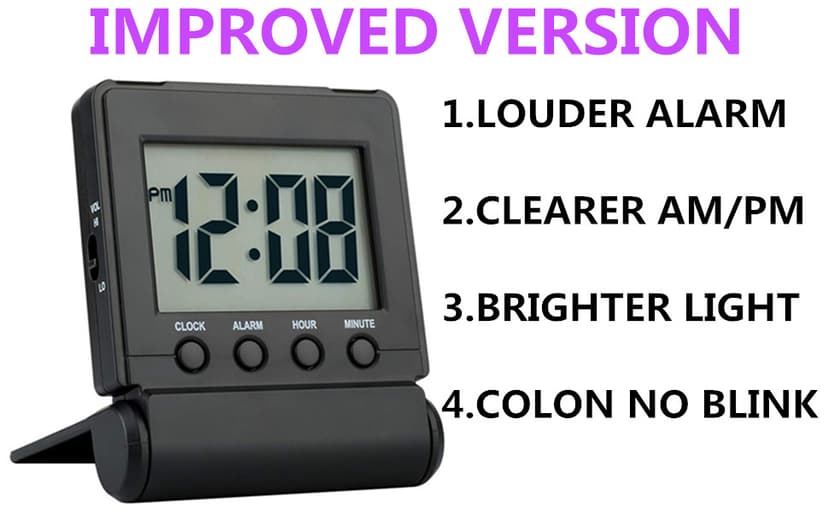 FAMICOZY Compact Digital Travel Alarm Clock with High/Low Volume Options,Simple to Set,Easy to Read,Bold Digits,Snooze Backlight,Quality Construction,2 AAA Battery Operated,Black
