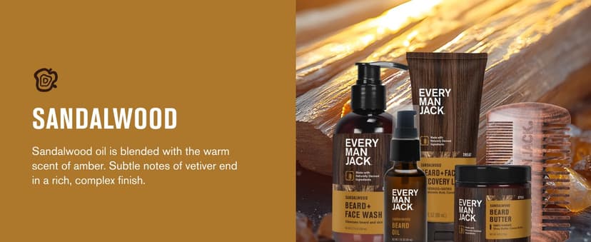 Every Man Jack Beard Essentials Gift Set for Men – Complete Routine with 5 Full-Size Essentials – Sandalwood Scent - Beard & Face Wash, Lotion, Oil, Butter & Comb