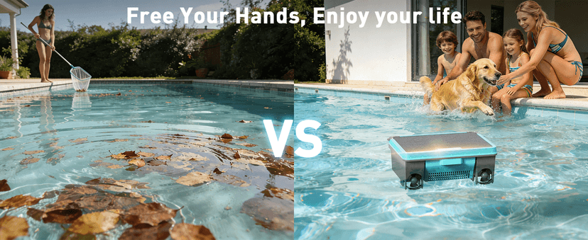 KKI Solar Robotic Pool Skimmer, Cordless Pool Cleaner Vacuum with App & Remote Control,for Inground & Above Ground Pools,Self-Parking