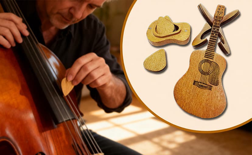 Doyyi Wooden Music Accessory Case with 3 Guitar Picks, Portable Holder and Storage Box for Plectrums - Thoughtful Gift for Guitar Players
