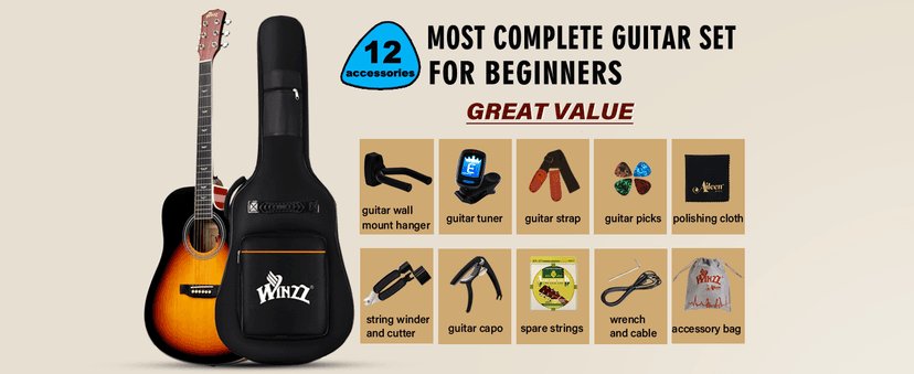 Winzz Acoustic-Electric Guitar 4/4 Full Size for Adults Beginners and Teens,6 Steel-String Acustica Guitarra Starter Kit, 4-Band Equaliser, 41" Dreadnought Cutaway, Glossy Sunburst, Right Hand