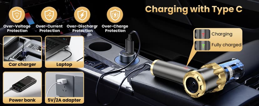 Car Vacuum Portable Cordless - Handheld Vacuum Cleaner with 16000PA Strong Suction, 7-in-1 Air Duster/Blower, Rechargeable Mini Vacuum with Long Battery, Multi-Nozzles for Car,Home, Office, Pet