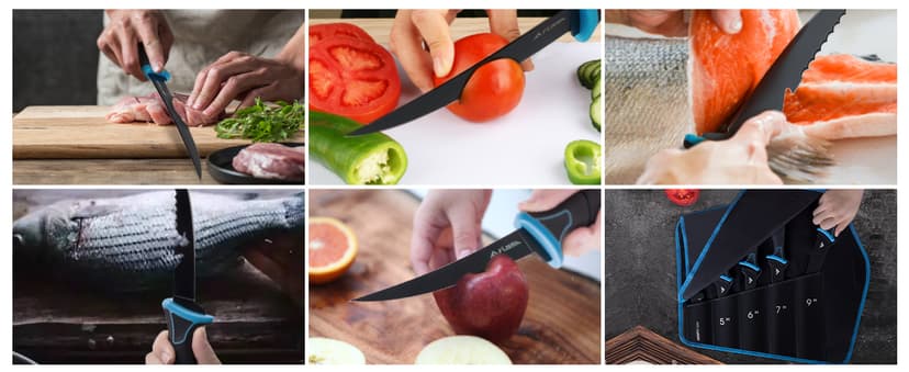 FLISSA Fillet Knife Set, Boning Knife & Bait Knives with Sharpener, Protective Sheath, Belt Clip, Non-Slip Handle, Portable Pouch & Corrosion Resistant Coating Blade, for Fresh or Saltwater (4-Piece)