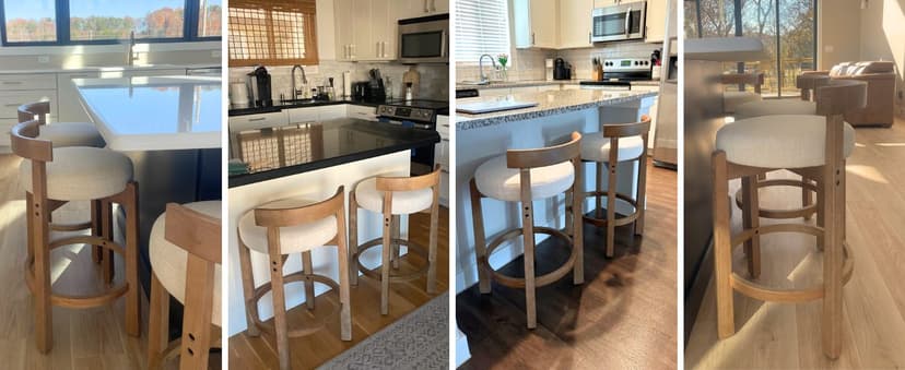 LukeAlon Mid Century Linen Counter Stools Set of 3, Upholstered 26.5" Seat Height Low Barstools with Natural Wood Legs Round Low Back Kitchen Stools with Footrest for Dining Room, Beige