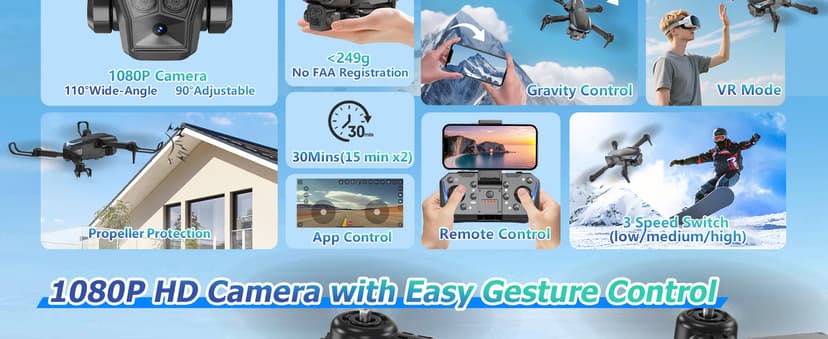 Foldable 1080P Drone with Camera for Kids & Beginners, Easy to Fly Toy Gift for Boys & Girls, One-Key Start, 3D Flips, Gesture Selfie, 2 Batteries