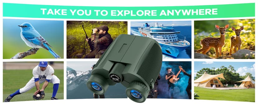 Leacco 10x25 Compact Binoculars for Adults and Kids, Large View Waterproof Small Binoculars with Low Light Vision BAK4 Prism FMC Lens for Cruise Ship Bird Watching Travel Hunting, Military Green