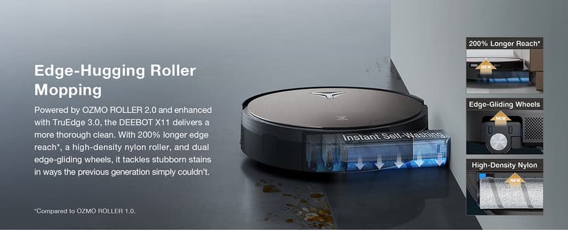 ECOVACS DEEBOT X11 OmniCyclone Robot Vacuum and Mop, PowerBoost Charging, OZMO Roller 2.0 Instant Self-Washing Mop, 19,500Pa Blast Suction, Bagless OmniCyclone Station, AIVI 3D Smart Navigation