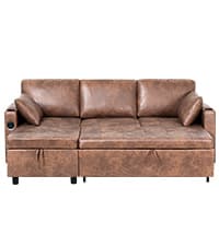 Lesofair 84" L-Shape Pull Out Sofa Bed with Adjustable Backrest, Upholstered Sectional Sleeper Sofa with Storage Chaise, Suede Leather Reversible Couch Bed with USB Port for Living Room, House, Brown