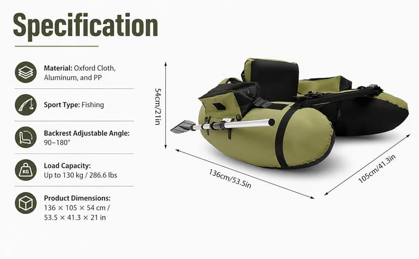 Inflatable Fishing Float Tube, Fishing Belly Boat with Boat Oar, Pump, Storage Bag, Adjustable Straps, Fishing Float Tube for Angling, 286.6LBS Load Capacity