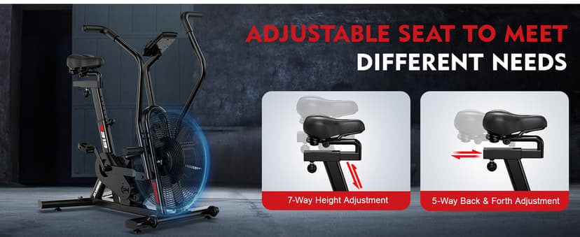 pooboo Exercise Bike, Stationary Bike for Home Gym, Air Resistance Bluetooth Fan Bike w/Dual Acction Handlebars & Dual-Layer Transmission System, Upright AirBike Indoor Cycling Bike for Cardio Workout