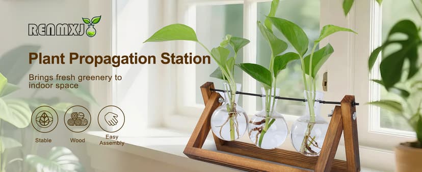 Unique Gardening Birthday Gifts for Women Plants Lovers, Home Office Garden Decor Planter - 3 Bulb Glass Vases Renmxj Plant Propagation Station, Plant Terrarium with Wooden Stand B096VDR4TM