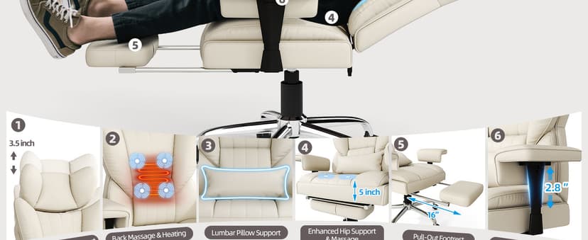 Massage Office Chair with Heat - 6 Points Vibration 400LBS Leather Reclining Office Chair with Lumbar Pillow, Adjust Headrest and Armrest, Executive Desk Chair for Home Office, Beige
