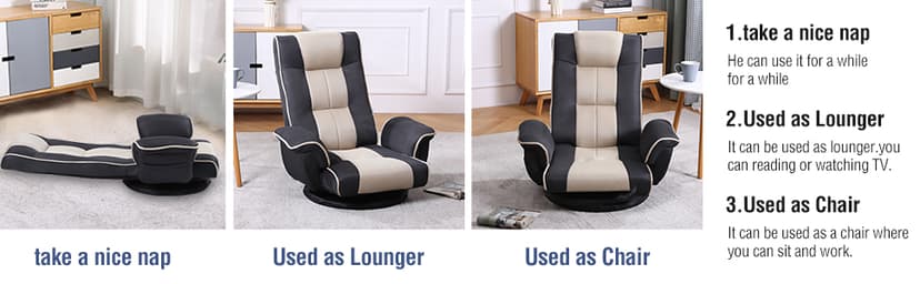 360 Swivel Gaming Floor Chair with Armrest Multi-Angle Folding Floor Chair Padded Backrest Lazy Sofa Lounge Chair for Living Room, Home Office QL201W-US-GR