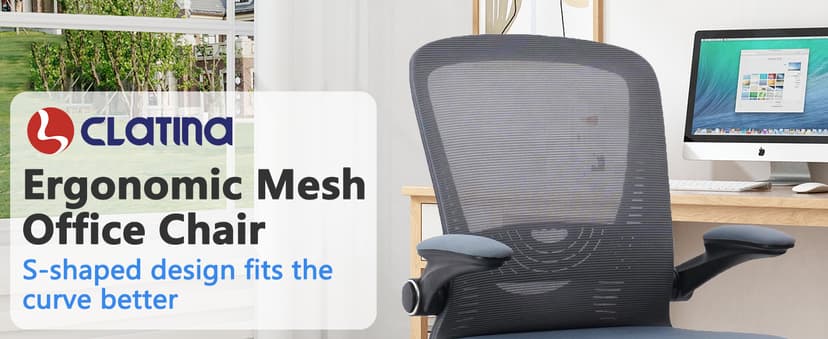 CLATINA Desk Chairs with Wheels, Flip Up Arms Ergonomic Mesh Back Office Chair with Lumbar Support, Adjustable Height Swivel Rolling Computer Task Chairs for School Conference Room Home Study, Grey