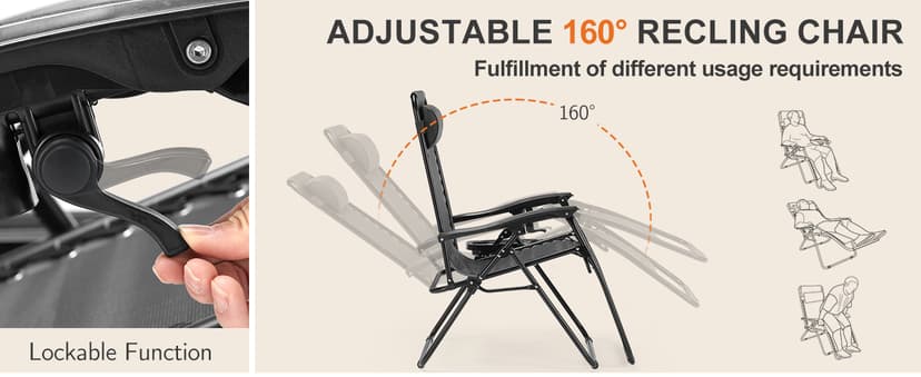 Sweetcrispy Zero Gravity Chairs, Set of 2 Portable Recliner Beach Camping Patio Outdoor Folding Lounge Chair with Cup Holder Trays and Adjustable Pillow for Poolside, Garden, Backyard, Lawn (Black)