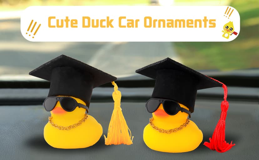wonuu Car Dashboard Decor Graduation Hat Rubber Duck, Car Ducks Ornaments with Mini Hat Necklace Sunglasses Scarf (Black) B0CSYPZJK4