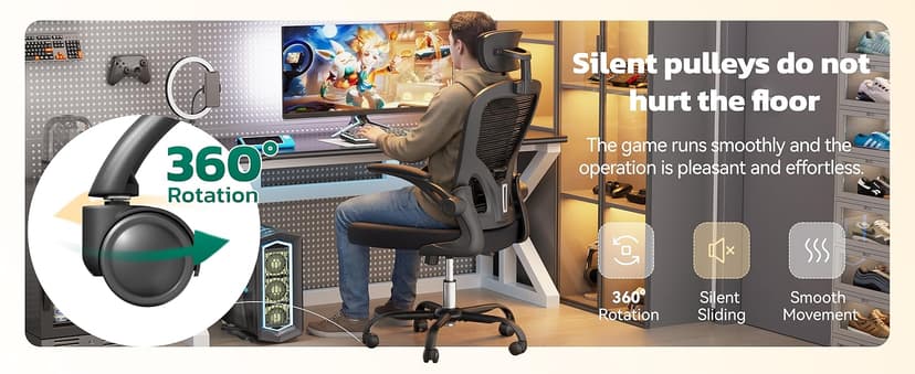 Ergonomic Office Chair, 300lbs High Back Breathable Mesh Desk Chair with Lumbar Support, Comfy Gaming Chair with Headrest and Flip-Up Arms, 360° Swivel Computer Task Chair for Home Office, Black