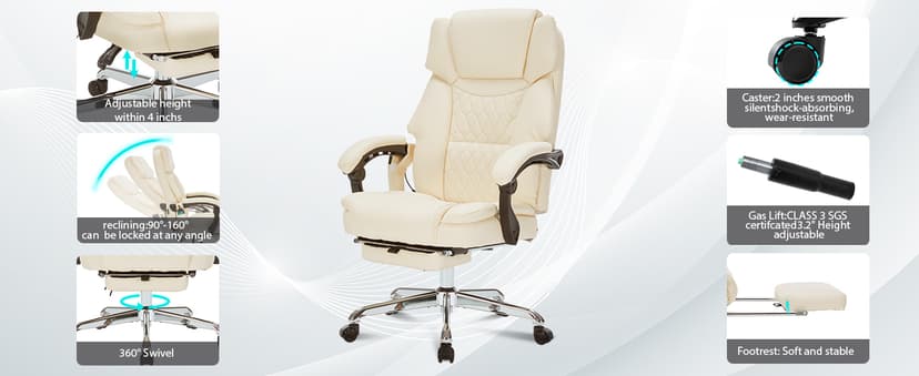 Massage Office Chair with Foot Rest 6 Points Vibration and Heat Home Office Desk Chairs for Heavy People 400lbs Reclining Managerial Chairs Ergonomic Executive Chair (Cream)
