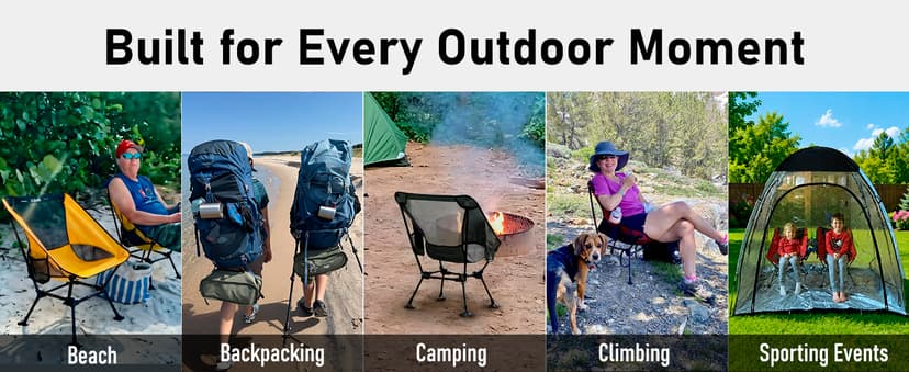 iClimb Ultralight Compact Camping Folding Beach Chair with Anti-Sinking Large Feet and Back Support Webbing (Black - Square Frame)