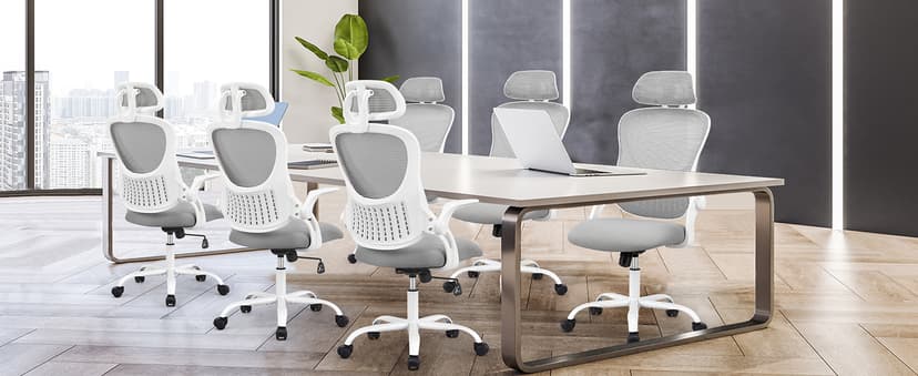 Sweetcrispy Home Office Desk Chair, Ergonomic High-Back Mesh Rolling Work Computer Chairs with Wheels and Adjustable Headrests, Comfortable Lumbar Support, Comfy Flip-up Arms for Bedroom, Study, Grey