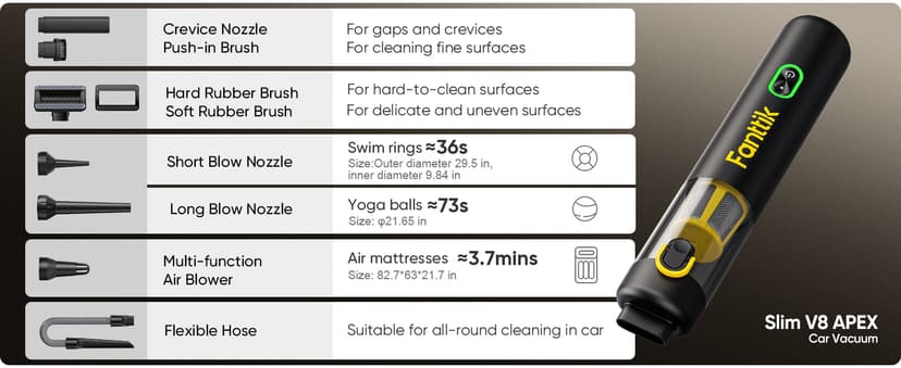 Fanttik Slim V8 APEX Car Vacuum, 4-in-1 Portable Mini Cordless Vacuum with 19000pa Suction Power, Type-C Charge, 2 Suction Modes, Handheld Vacuum for Small Jobs, Car, Office Desk, Keyboards (Black)