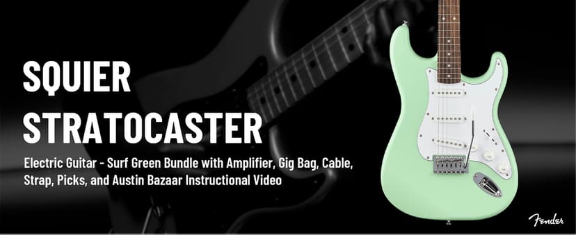 Fender Squier Stratocaster Electric Guitar - Surf Green Bundle with Amplifier, Gig Bag, Cable, Strap, Picks, and Austin Bazaar Instructional Video