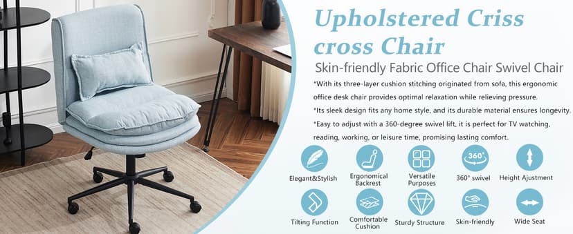 VINGLI Cloud Criss Cross Legged Chair,18" High Back Armless Home Office Desk Chair with Wheels,Wide Adjustable Comfy Padded Seat Task Computer Chair,Modern Swivel Makeup Vanity Chair,Fabric,Blue