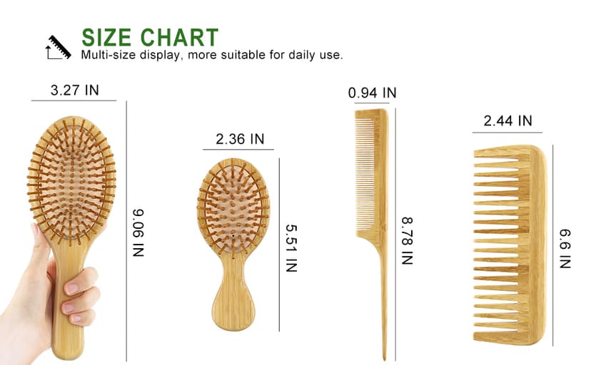 MRD Hair Brush Set, Natural Bamboo Comb Paddle Detangling Hairbrush, Wide-tooth and tail comb No Bristle, suit for Women Men and Kids Thick/Thin/Curly/Dry Hair Gift kit