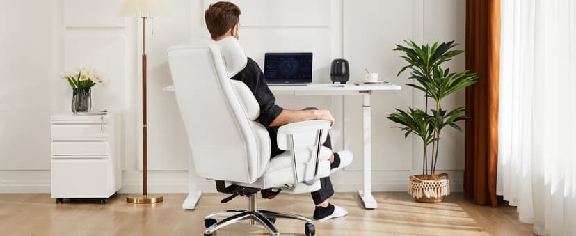 Sweetcrispy Executive Home Office Desk Chair - Ergonomic Big Tall High Back with Footrest & Lumbar Support, Reclining Height Adjustable, Comfy PU Leather Computer Gaming with Swivel Wheels, White