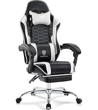 Gaming Chair,Computer Office Chair with Footrest,Massage Lumbar Support and Gel Pad,Ergonomic Reclining Leather Gamer Chair with Headrest,Adjustable Armrests and Spring Cushion Ivory