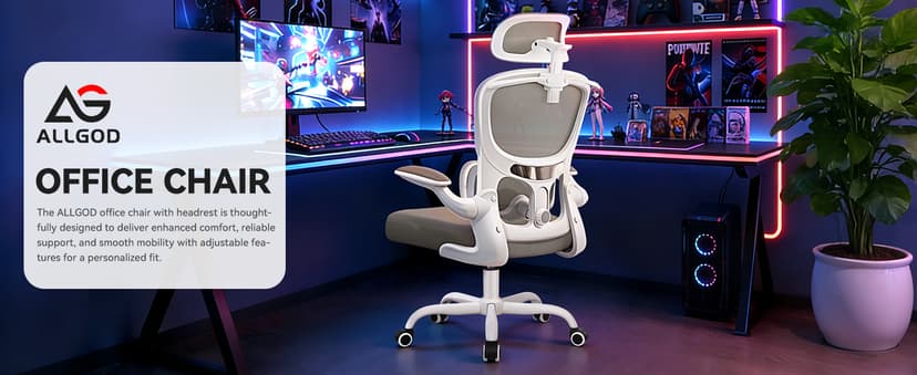 ALLGOD Ergonomic Office Chair, Mesh Desk Chair with Lumbar Support, High Back Home Office Chair with Adjustable Headrest and Flip-Up Arms, Comfortable Computer Chair, Thick Cushion, 300 LBS, LightGray