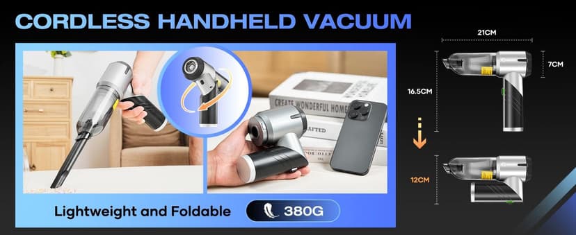 Mini Car Vacuum with Brushless Motor,Air Duster Blower,Rechargeable Foldable Vacuum Cleaner,for Home, Office Pet,Gifts Saker Handheld Car Vacuum Portable Cordless17000Pa HL132 Black B0D8PQHYV3