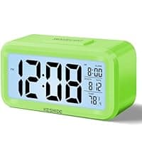 KESHIDE Digital Alarm Clock Battery Operated with Indoor Temperature, Desk Small Clock,Snooze Model,12/24H Display for Bedrooms Heavy Sleepers Kids Travel Bathroom (Black)