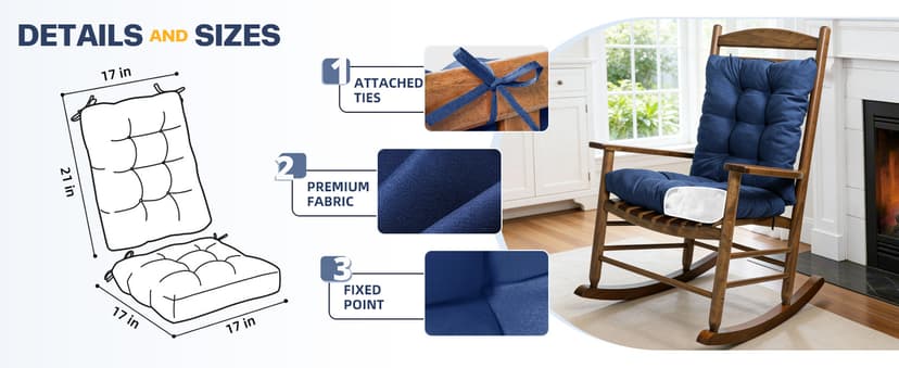 1 Pack Patio Chair Cushion, Rocking Chair Cushion Overstuffed Seat Back Cushion Pad for Outdoor Indoor, Navy Blue