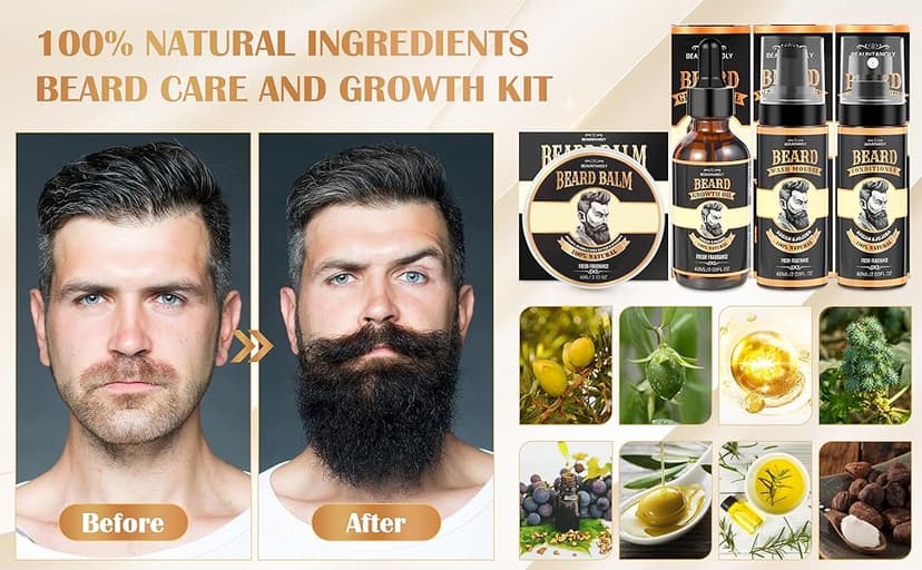 Beard Growth Kit, Grooming Set w/Growth Oil, Conditioner, Balm, Shampoo Wash, 0.25MM Roller, Brush, Comb, Scissor, Bag, Christmas Birthday Valentines Day Gifts for Him Men