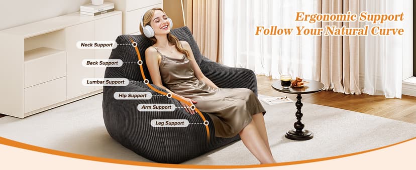 Big Bean Bag Chair for Adults, Ultra Soft Living Room Bean Bag with Armrests, Stuffed BeanBag Chair for Napping, Gaming, Vacuum-Compressed for Easy Gifting, 48 Hours to Fluffs Up, Dark Gray